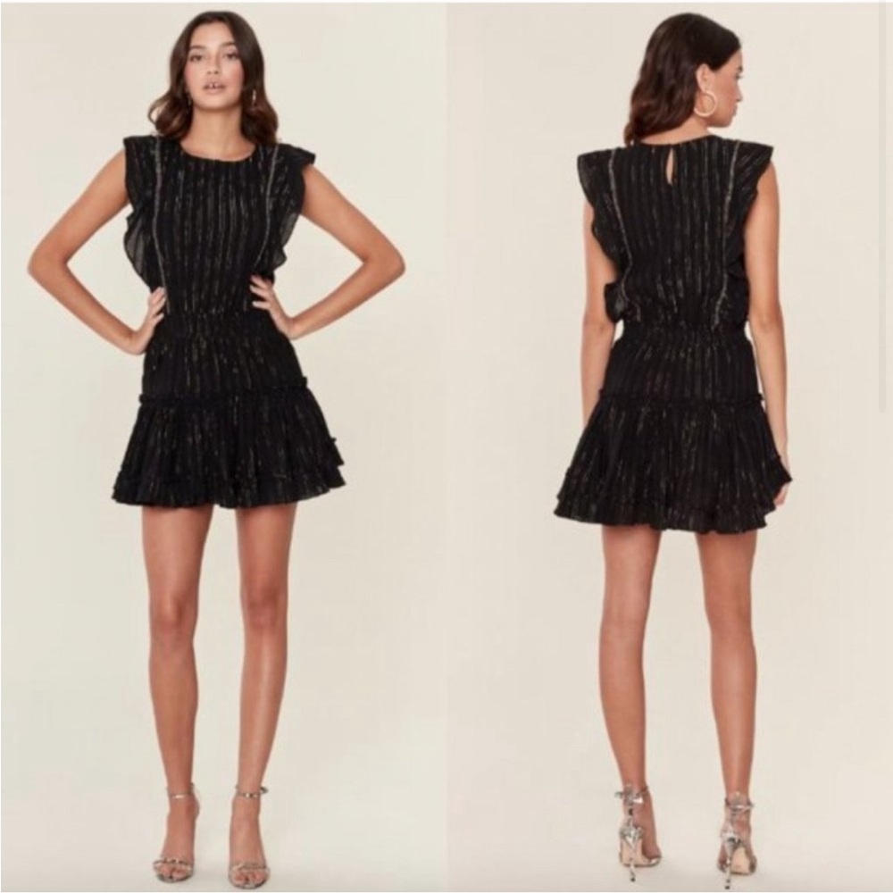 MISA Los Angeles Cielle Ruffle Bib Black Gold Mini Dress